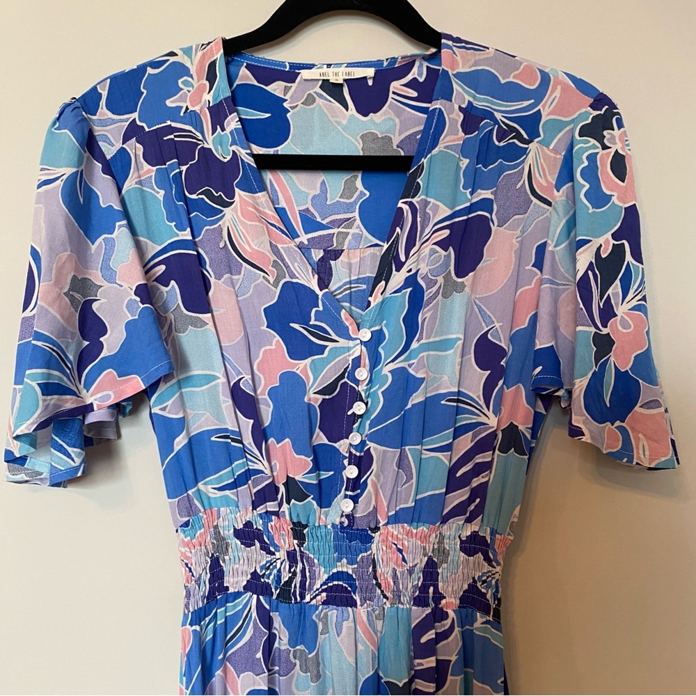 [Anthropologie] High Low Flutter Sleeve Maxi Dress Blue Floral